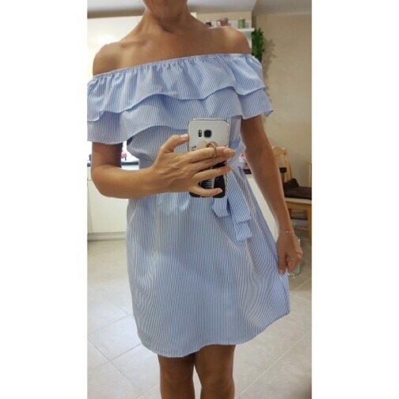 New Plaid blue Dress Off Shoulder strapless - Picture 3 of 5